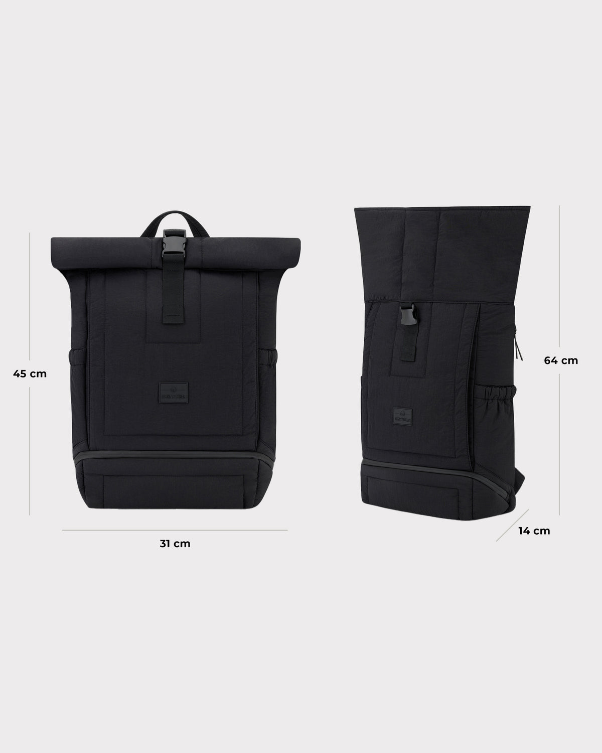 Schwarzer gepolsterter Rolltop-Rucksack 'Kyle' mit Maßen 31x45x14 cm (geschlossen) und 31x64x14 cm (ausgerollt)