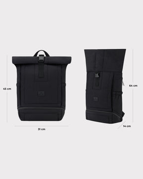 Schwarzer gepolsterter Rolltop-Rucksack 'Kyle' mit Maßen 31x45x14 cm (geschlossen) und 31x64x14 cm (ausgerollt)