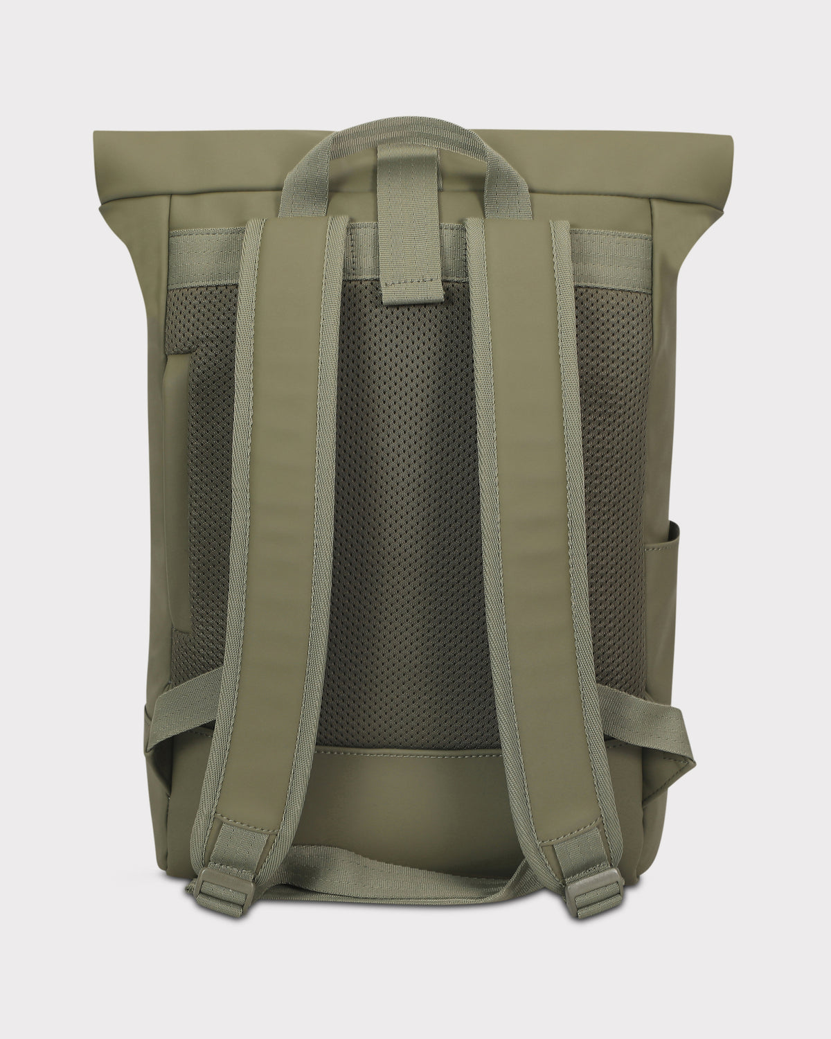 Rückansicht des olivefarbenen Rolltop-Rucksacks 'Harvey Medium' mit gepolsterten Rücken- und Schultergurten