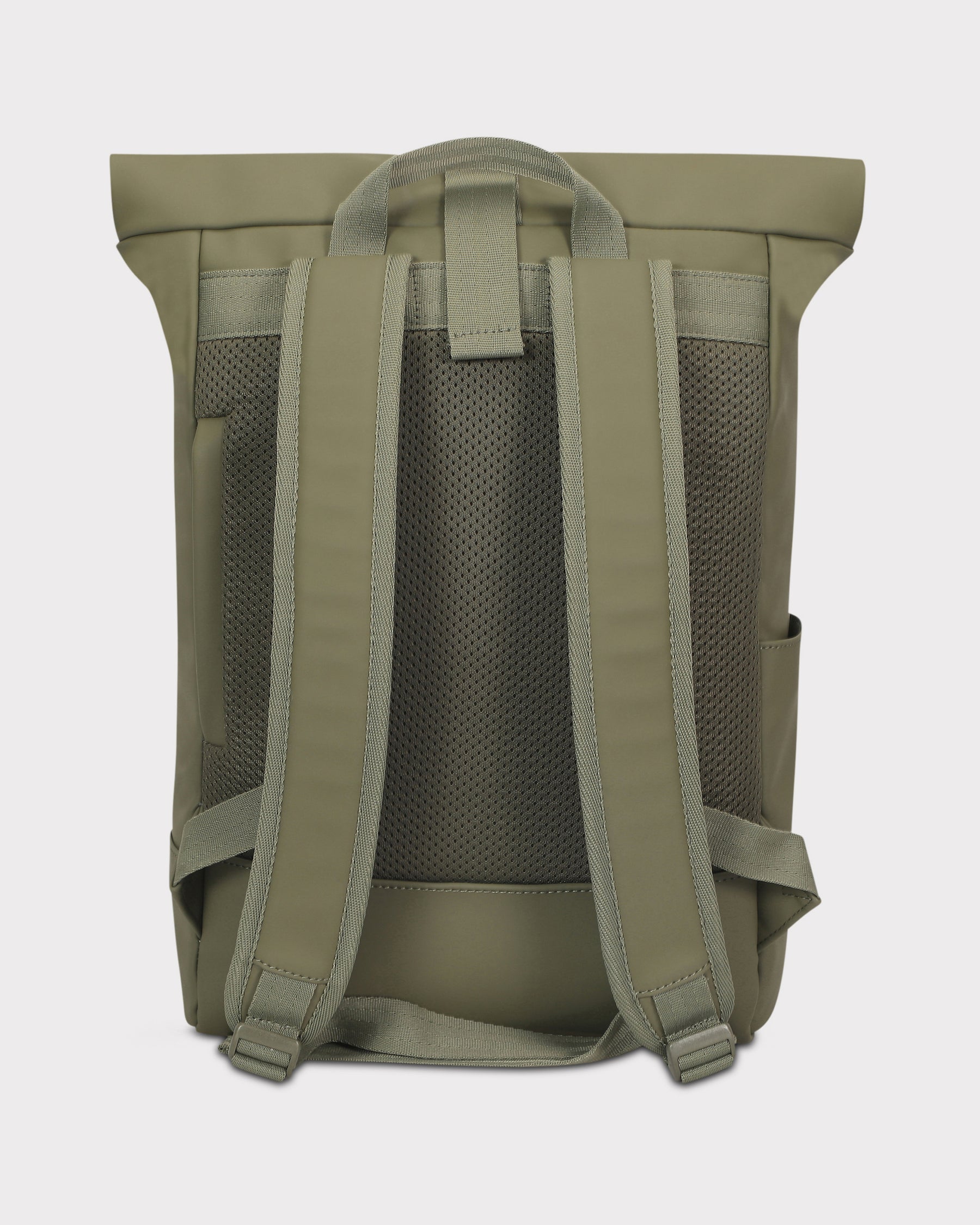 Rückansicht des olivefarbenen Rolltop-Rucksacks 'Harvey Medium' mit gepolsterten Rücken- und Schultergurten