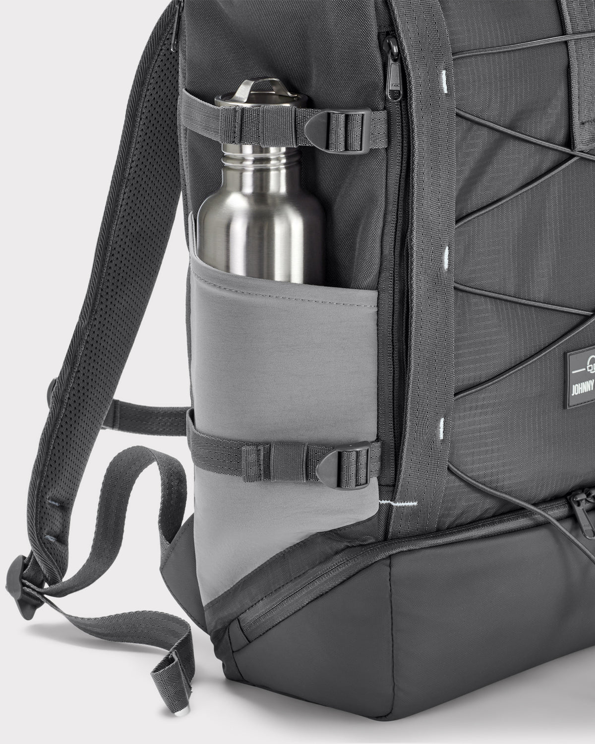 Rolltop Rucksack Allen Large Move in Grau mit seitlicher Tasche und Metallflasche