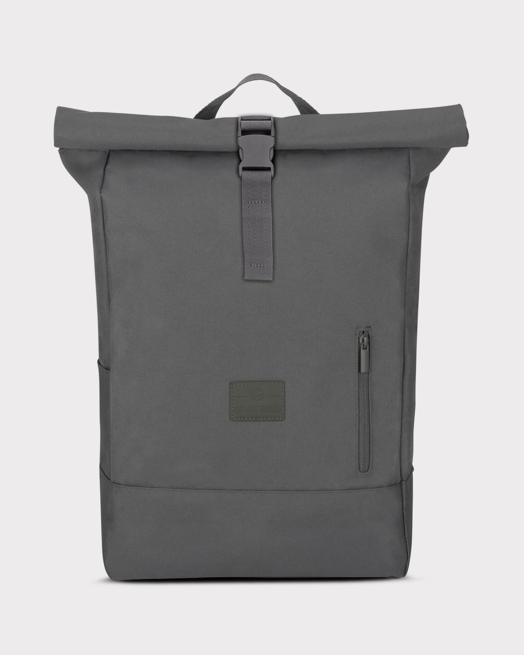 Rolltop-Rucksack Robin Large in dunkelgrauem, robustem Material mit Frontreißverschluss und Schnallenverschluss