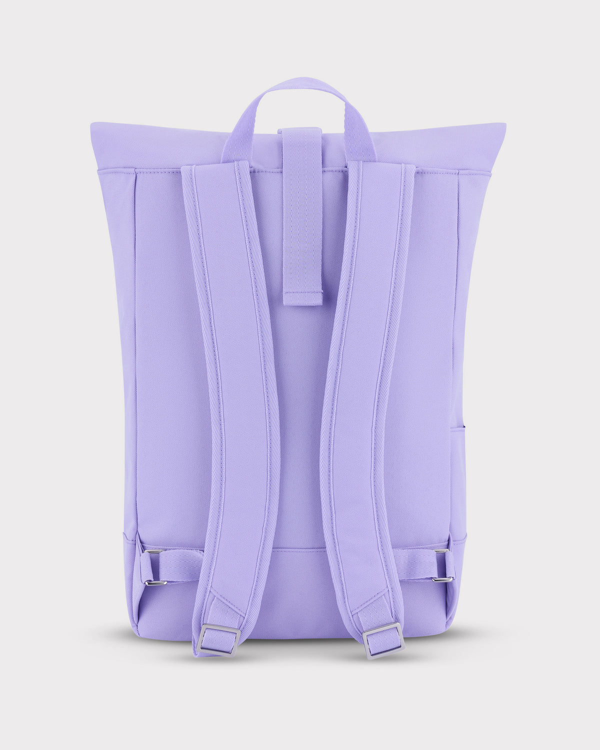 Rückansicht des lilafarbenen Rolltop Rucksacks 'Robin Medium' mit gepolsterten Schultergurten und Trageschlaufe