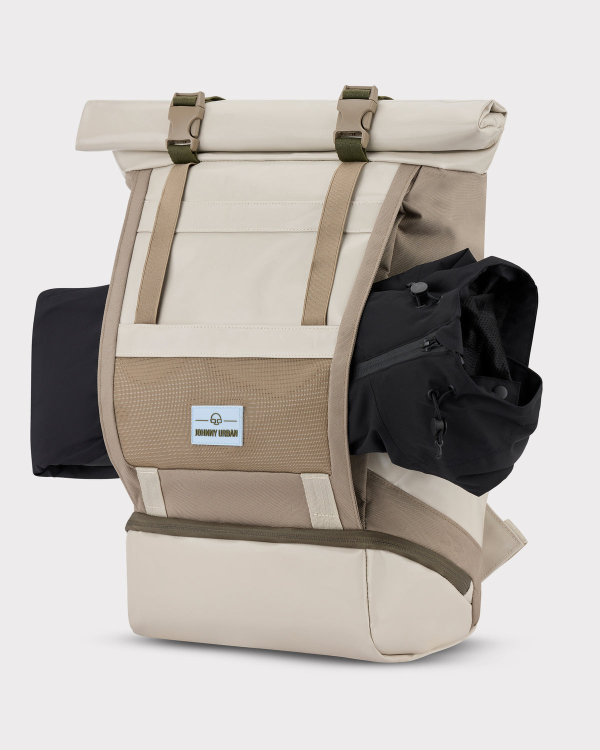 Beiger Rolltop-Rucksack 'Ashton' mit Seitenband zur Befestigung einer Jacke