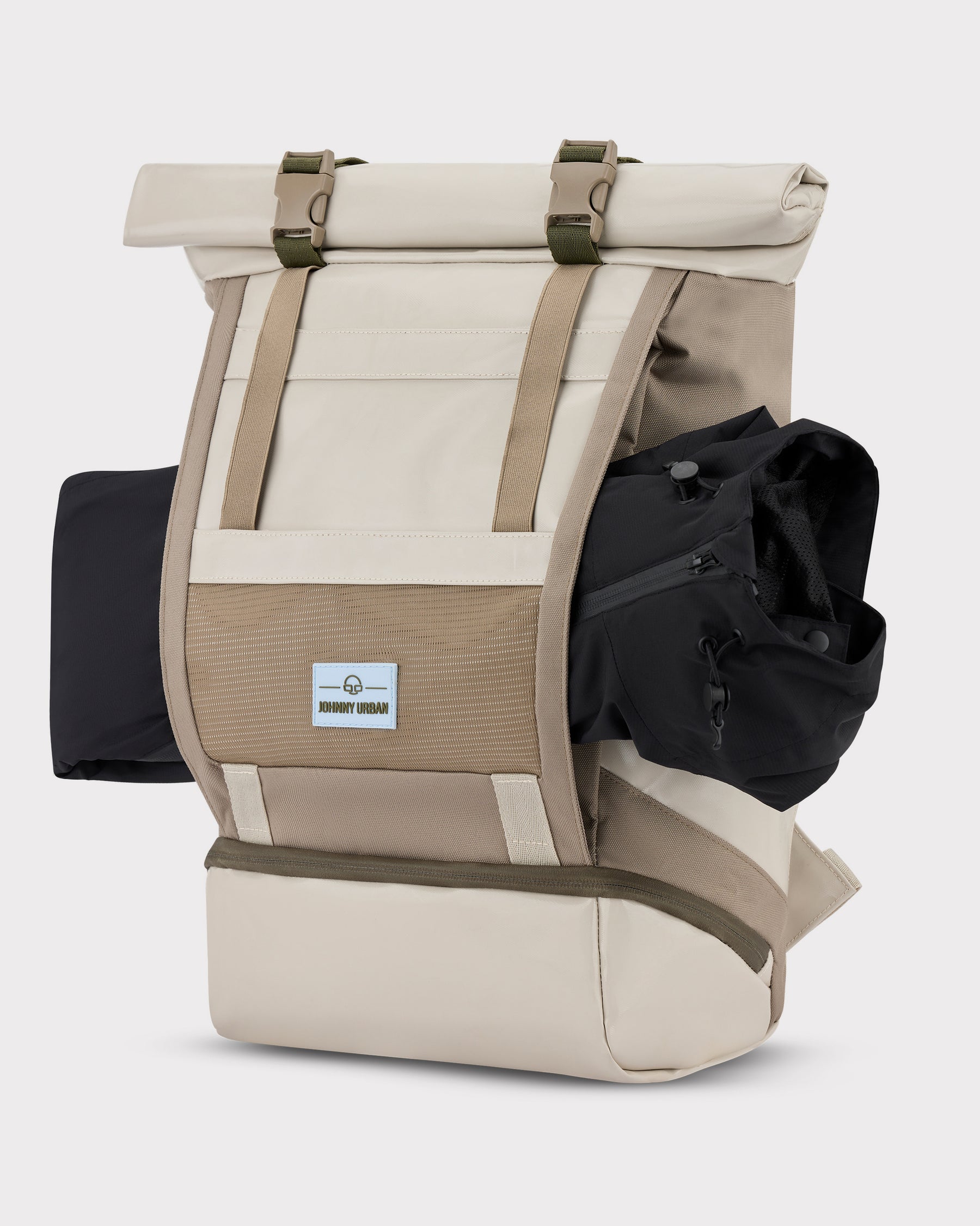Beiger Rolltop-Rucksack 'Ashton' mit Seitenband zur Befestigung einer Jacke