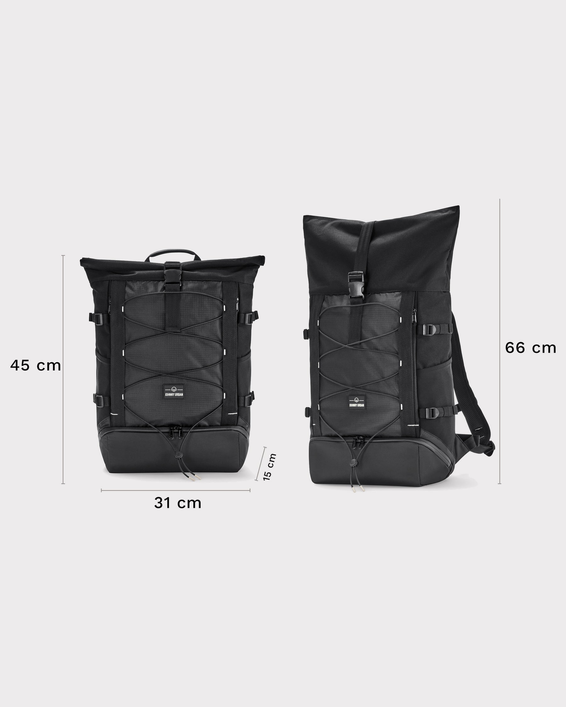 Schwarzer Rolltop-Rucksack 'Allen Large Move' von Johnny Urban, Maße 45x31x15 cm komprimiert, 66 cm ausgezogen
