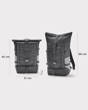 Großer grauer Rolltop Rucksack 'Allen Large Move' von Johnny Urban mit Maßen 45x31x15 cm und 66 cm Höhe geöffnet