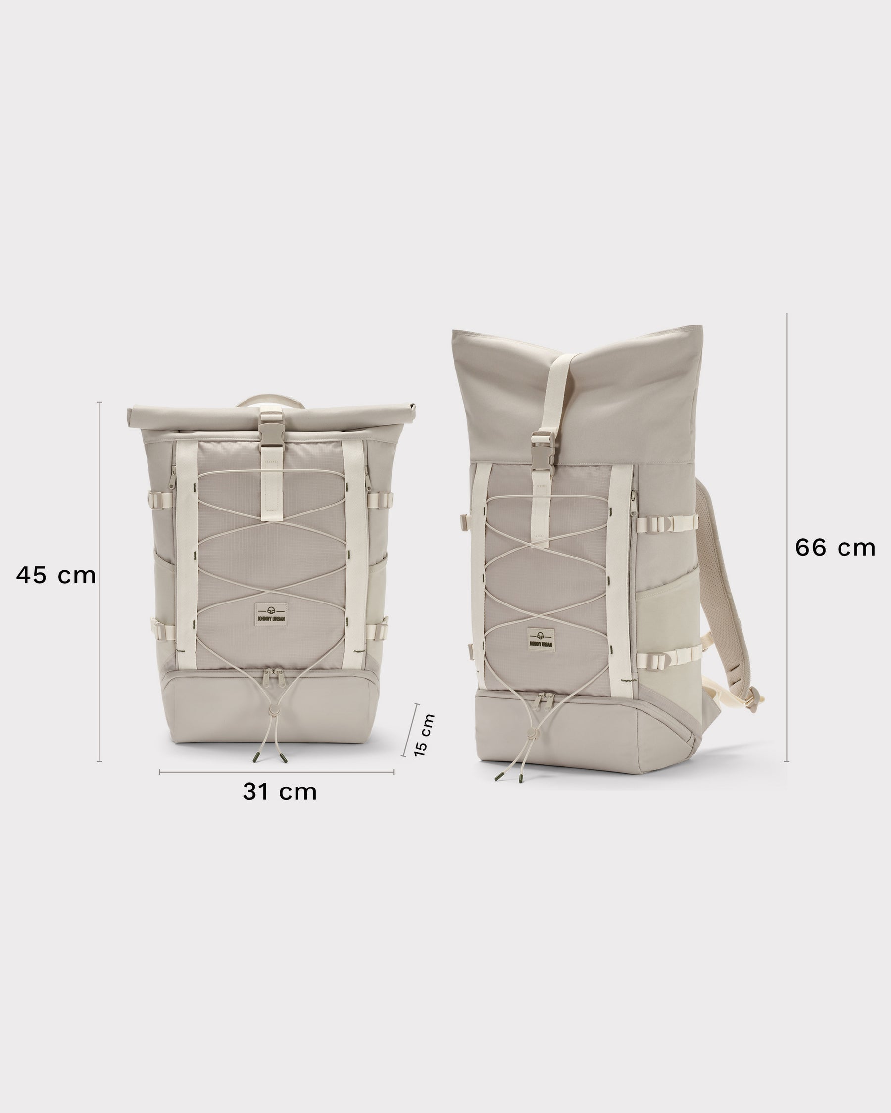 Sandfarbener Johnny Urban Rolltop Rucksack 'Allen Large Move' mit Maßen 45x31x15 cm oder 66x31x15 cm
