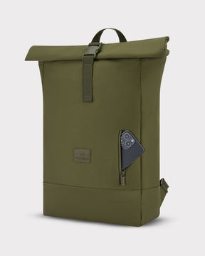 Olivegrüner Rolltop Rucksack 'Robin Large' von Johnny Urban mit seitlicher Reißverschlusstasche und Smartphone
