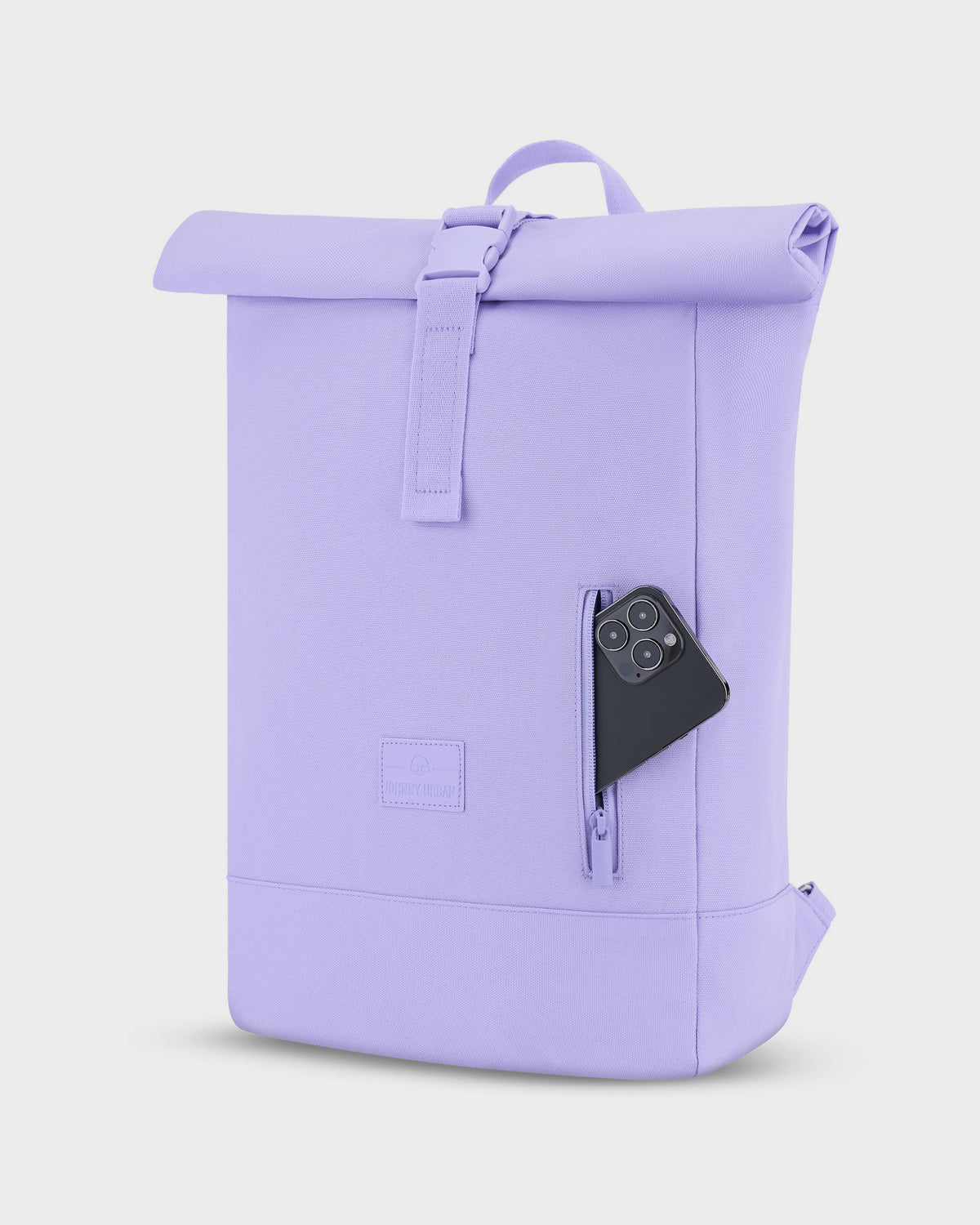 Rolltop Rucksack Robin Medium in fliederfarbenem Textilstoff, Vorderseite mit Reißverschlusstasche und Smartphone