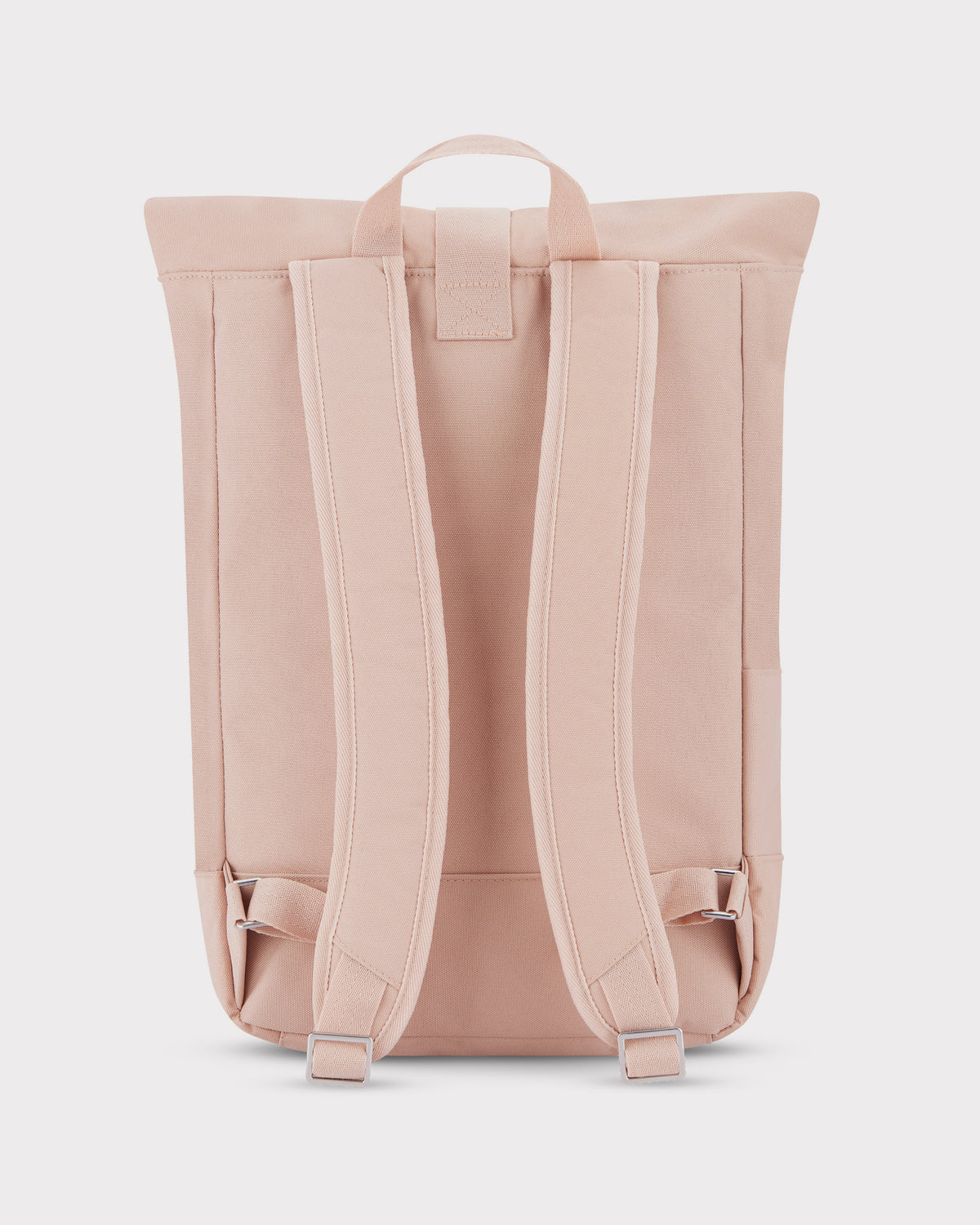 Rolltop Rucksack Robin Medium in Rosa, Rückseite mit gepolsterten Schultergurten und Tragegriff