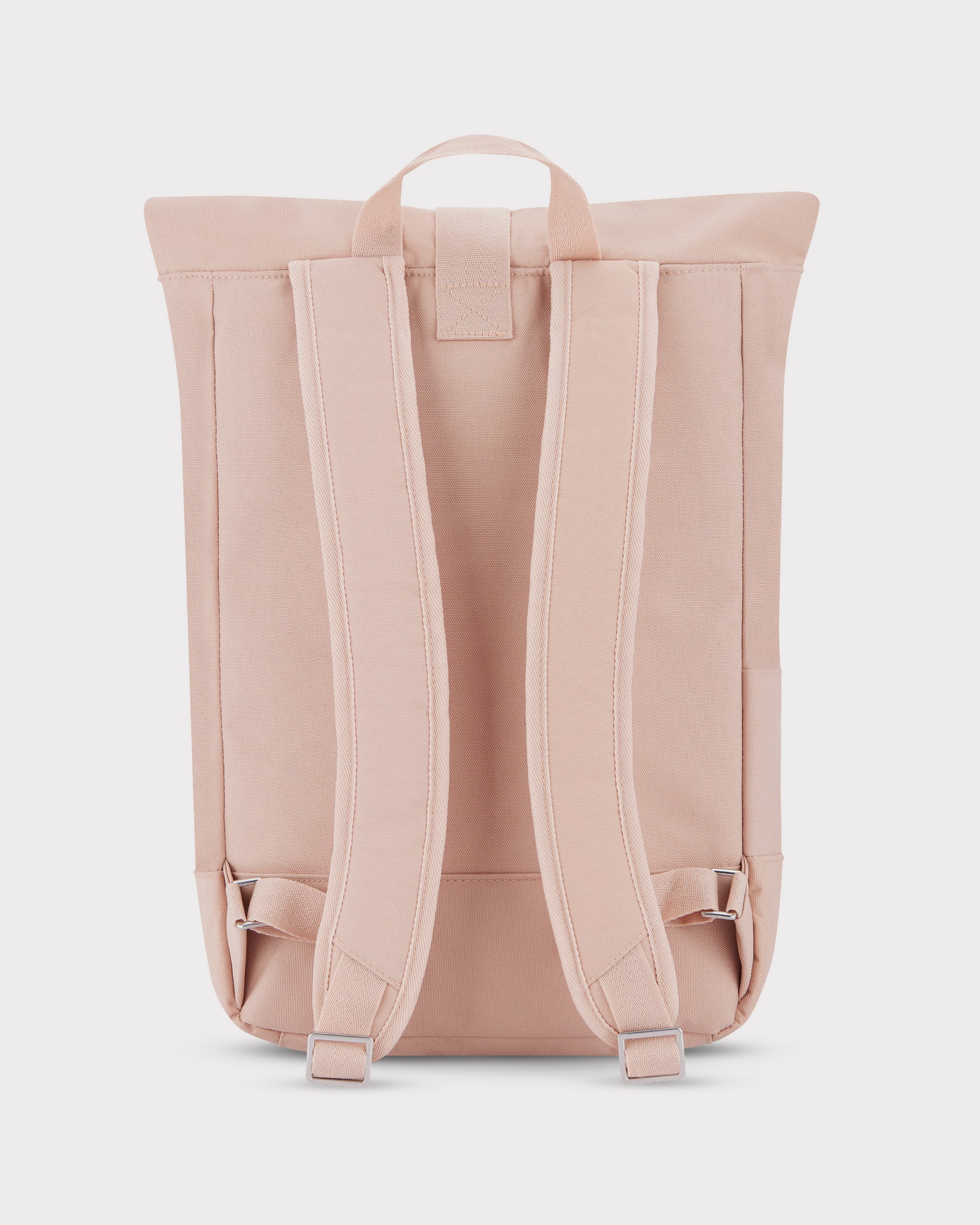 Rolltop Rucksack Robin Medium in Rosa, Rückseite mit gepolsterten Schultergurten und Tragegriff