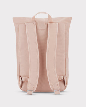 Rolltop Rucksack Robin Medium in Rosa, Rückseite mit gepolsterten Schultergurten und Tragegriff