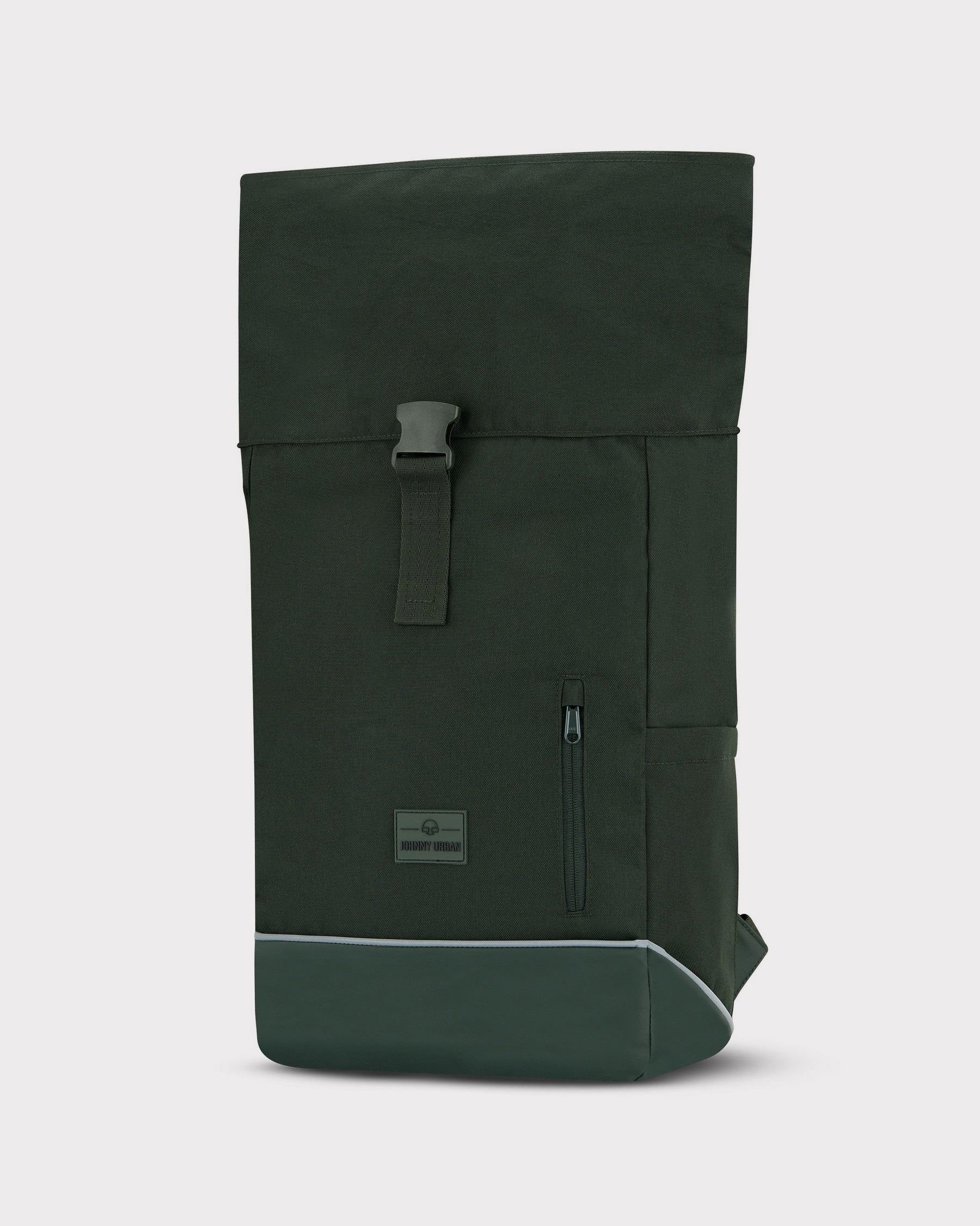 Schwarzer Rolltop-Rucksack Johnny Urban 'Robin Medium' mit Vorderreißverschluss und reflektierendem Streifen am Boden