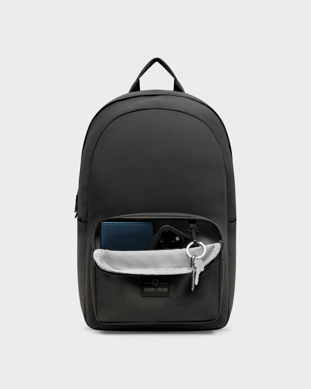 Schwarzer Johnny Urban Rucksack 'Mo' mit offenem Frontfach, das Schlüssel, Smartphone und Geldbörse enthält