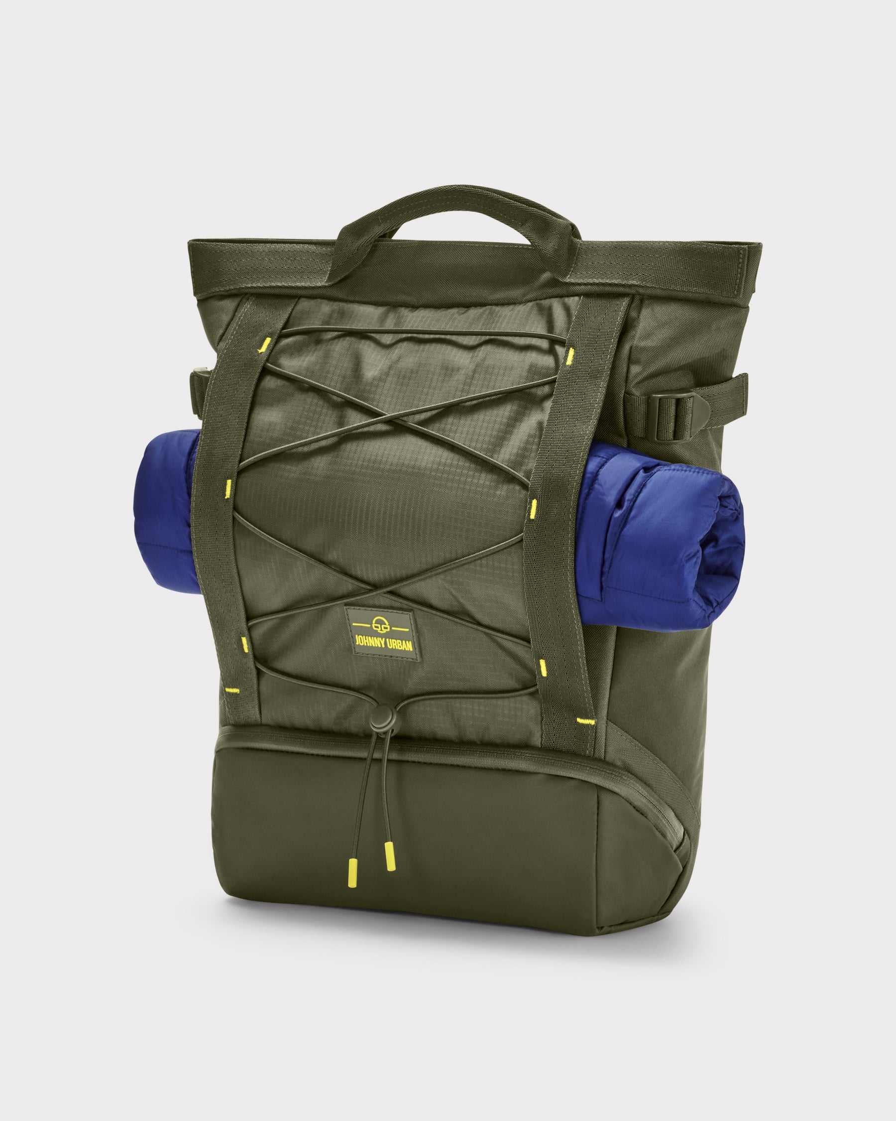 Olivefarbener Rucksack 'Harper' mit elastischen Bändern und befestigter blauer Rolle