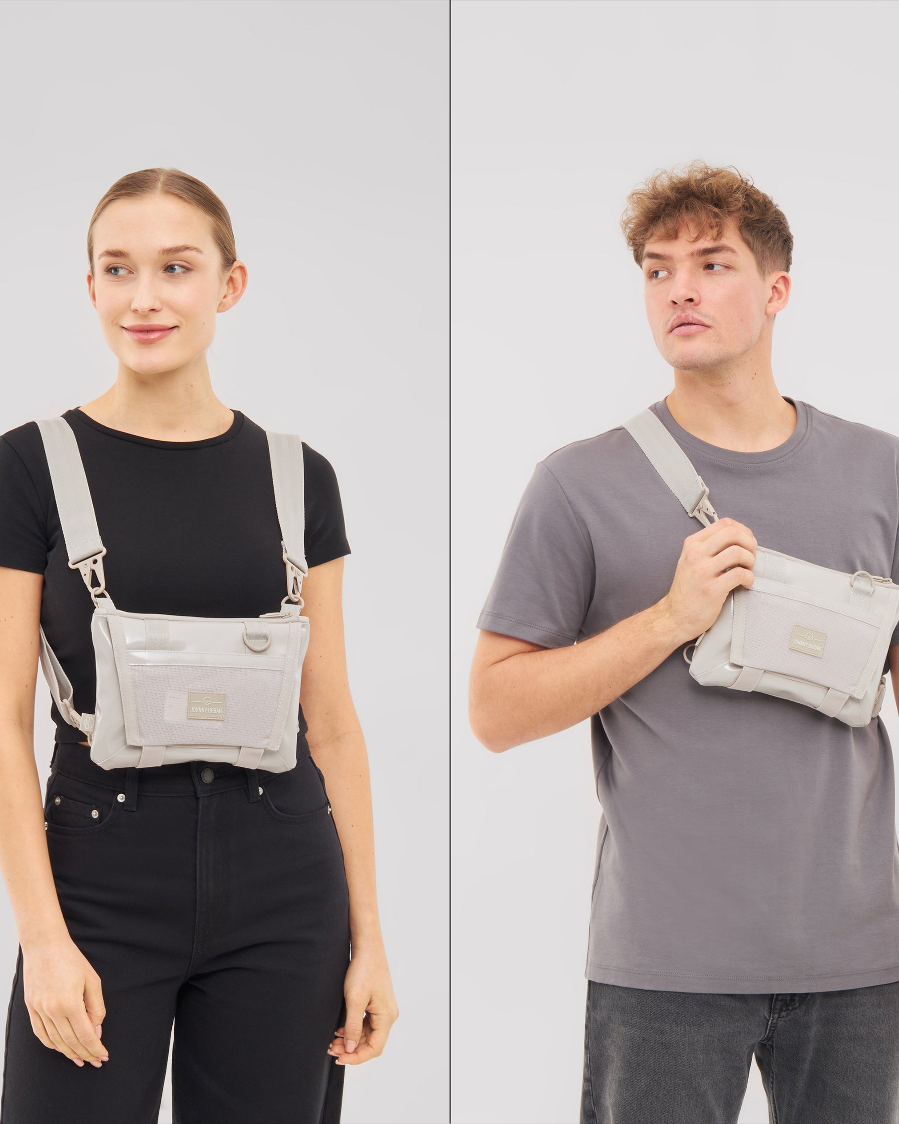 Beige Umhängetasche 'Avery' von Johnny Urban an Frau mit schwarzem T-Shirt und Mann mit grauem T-Shirt