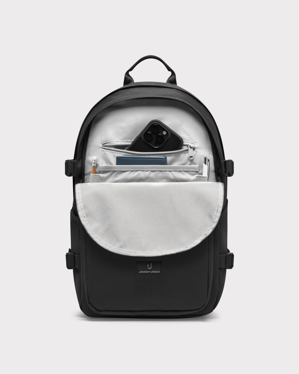 Schwarzer Johnny Urban Rucksack 'Lian' mit offenem Frontfach und Stift, Handy und Notizbuch darin