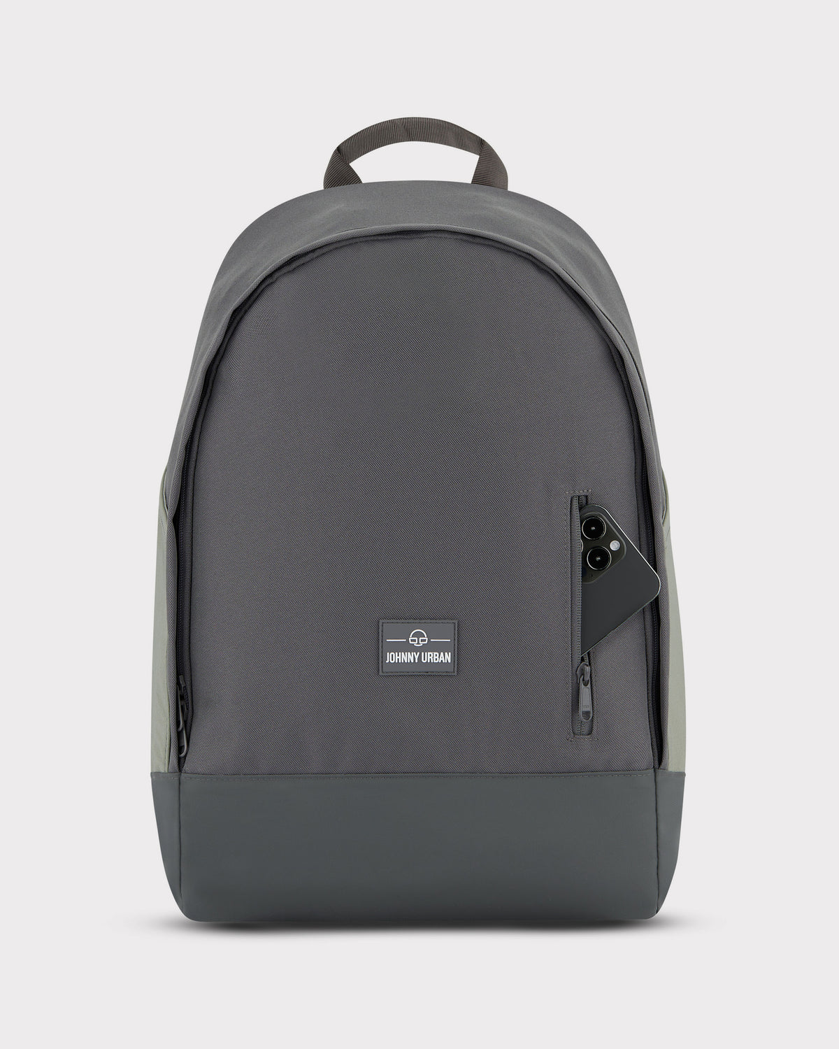 Grauer Schulrucksack 'Neo' von Johnny Urban mit seitlicher Reißverschlusstasche und Smartphone