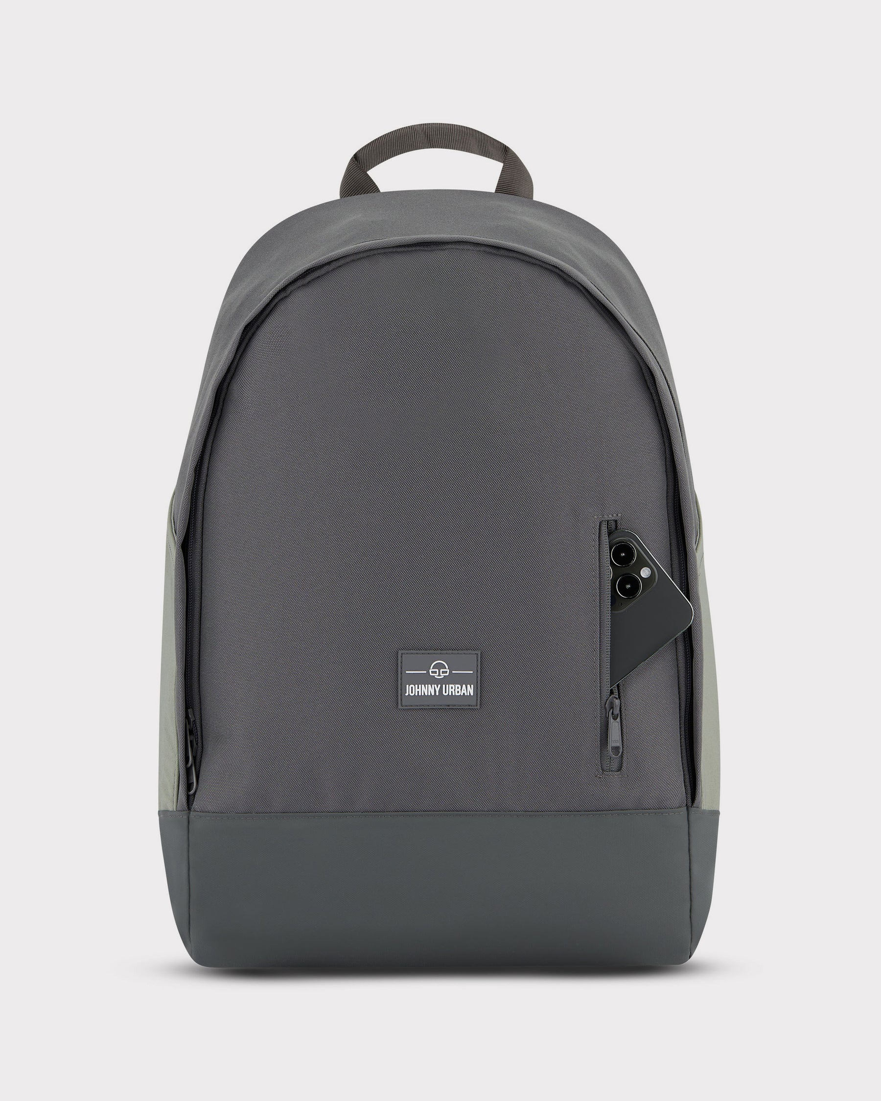 Grauer Schulrucksack 'Neo' von Johnny Urban mit seitlicher Reißverschlusstasche und Smartphone