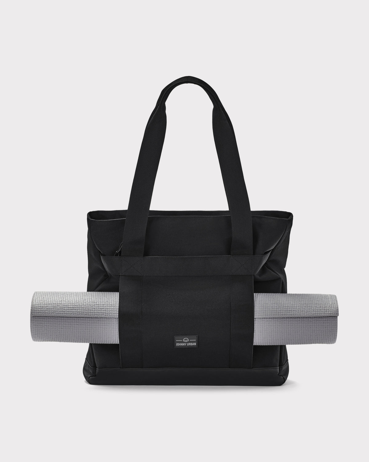 Schwarze Shopper-Tasche Kim von Johnny Urban mit dwóch langen Griffen und einer grauen Stoffrolle an der Außenseite