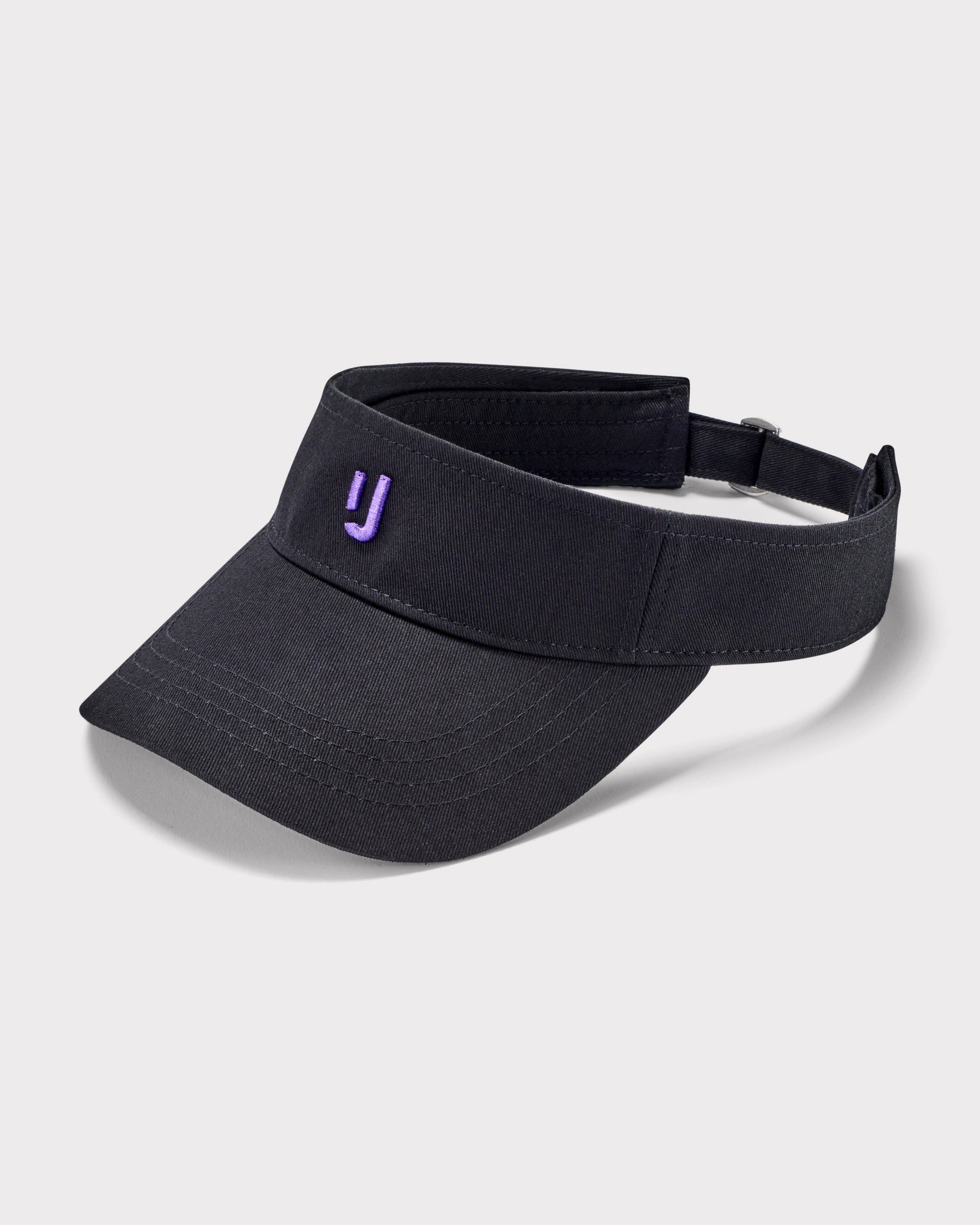 Schwarzer Sun Visor 'Terry' mit lila gesticktem 'IJ'-Logo und verstellbarem Riemen