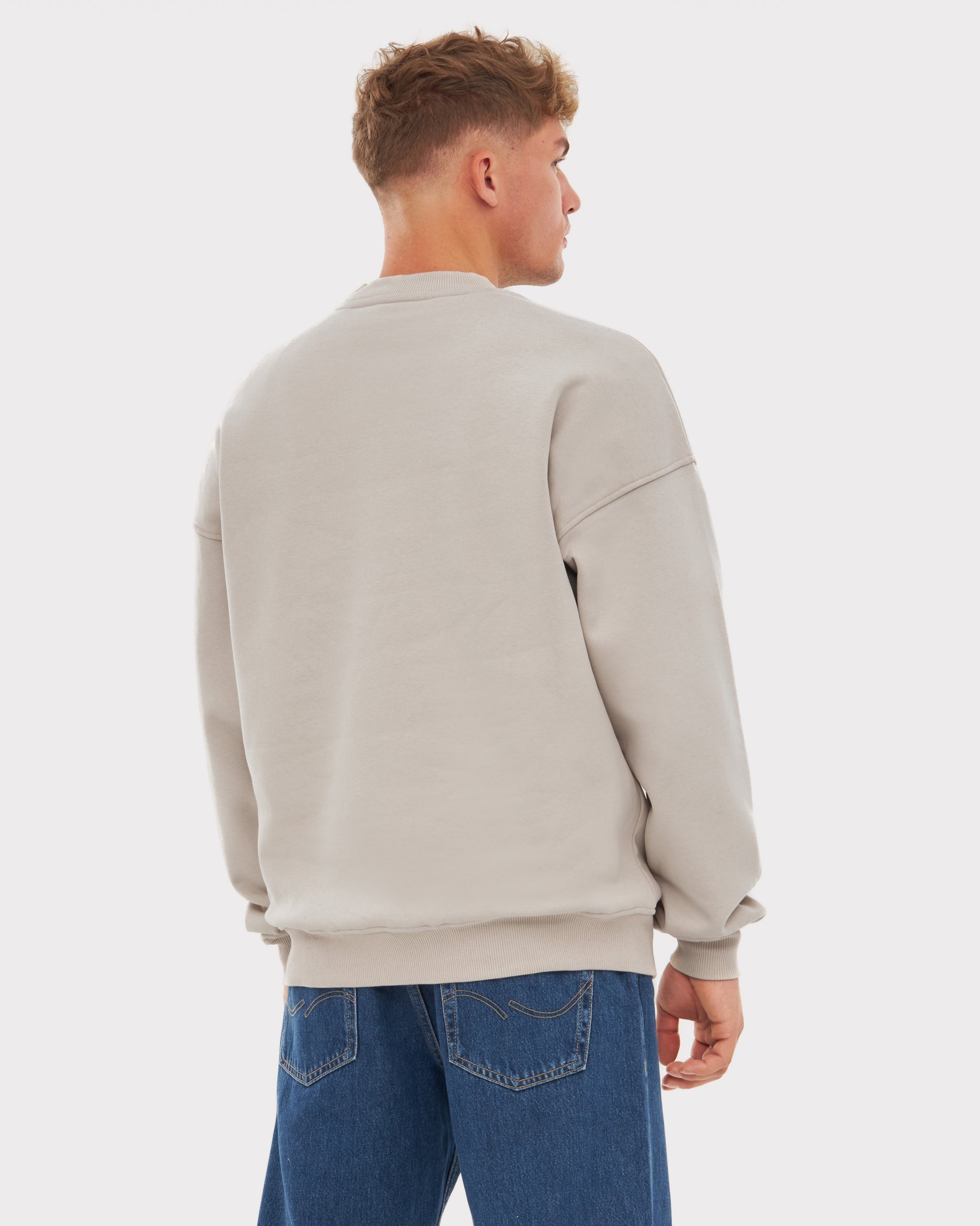 Männliches Model trägt oversize-beigen Crewneck-Sweatshirt 'Carter' von Johnny Urban, Rückansicht