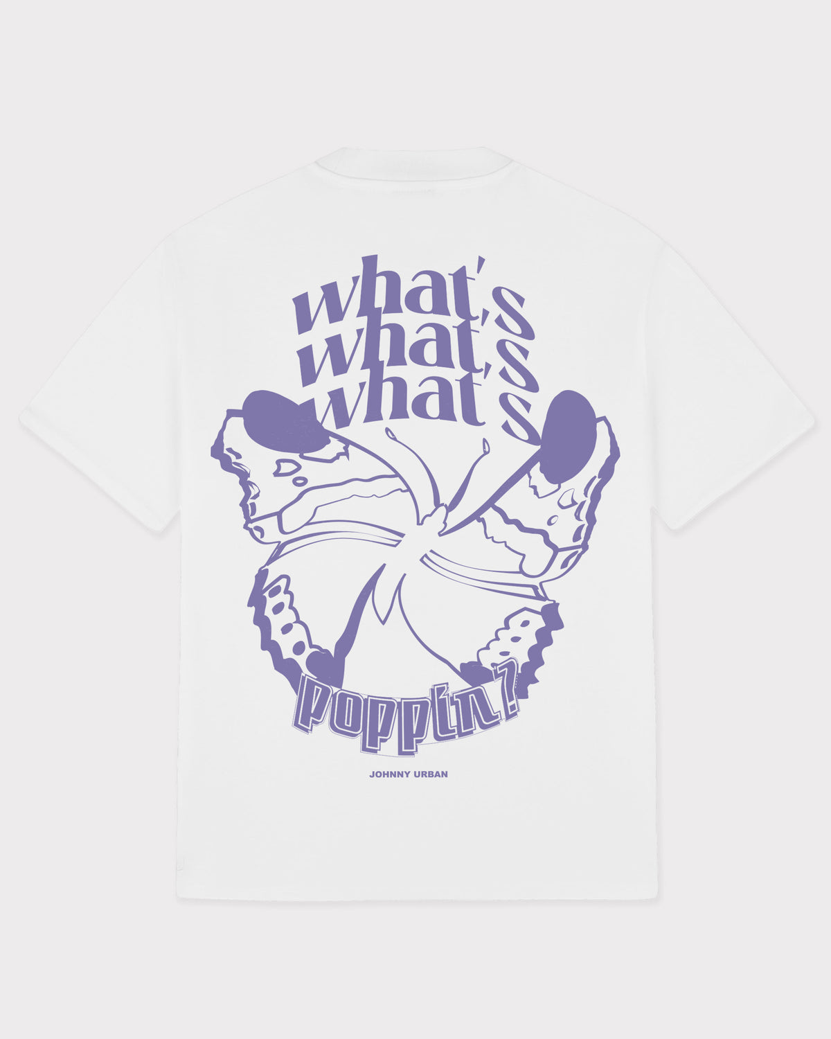 Weißes T-Shirt 'Sammy Butterfly' mit großem lila Schmetterlingsprint und Text 'what's what's what's poppin?'