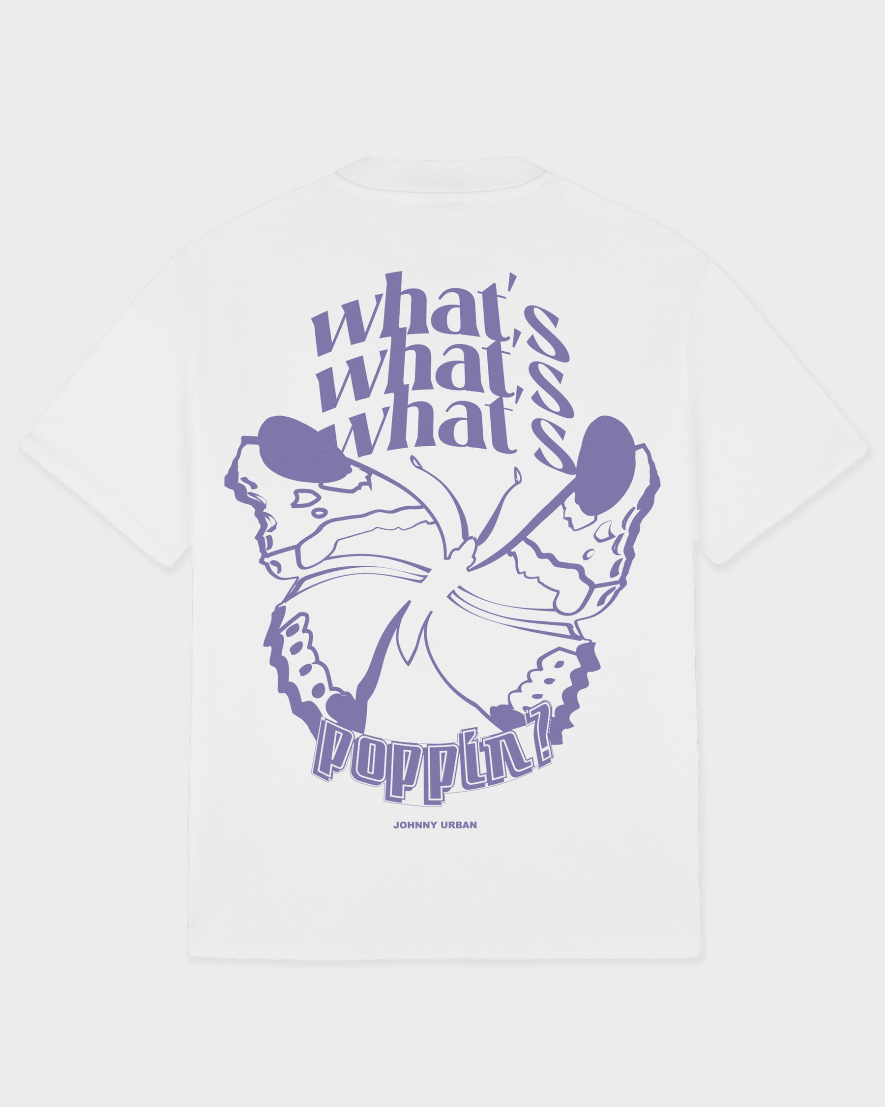 Weißes T-Shirt 'Sammy Butterfly' mit großem lila Schmetterlingsprint und Text 'what's what's what's poppin?'