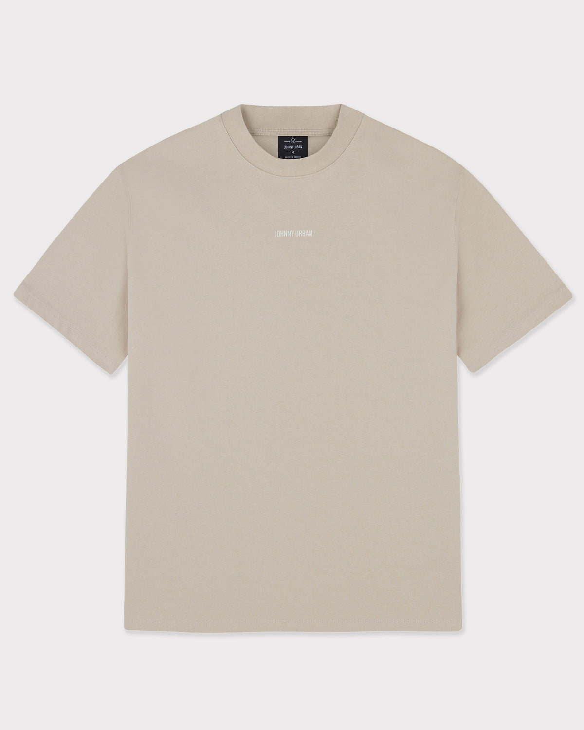 Beiges unisex T-Shirt Sammy Johnny Urban mit kleinem weißen Markenaufdruck vorne