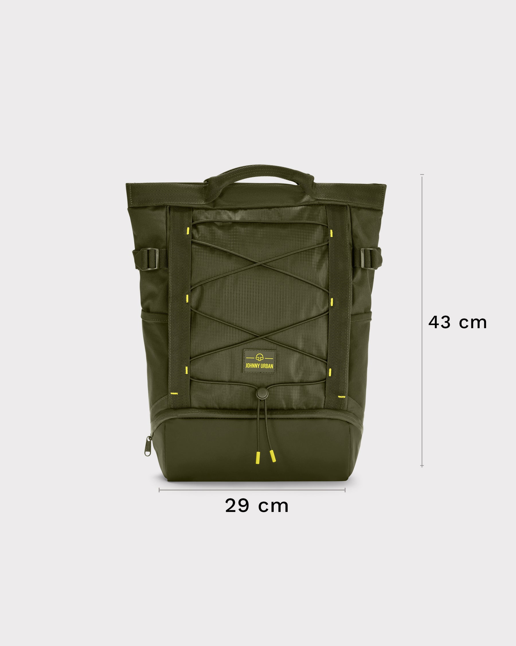 Moderner olivfarbener Tagesrucksack Harper von Johnny Urban mit Kordelzug und Maßen 29x43 cm