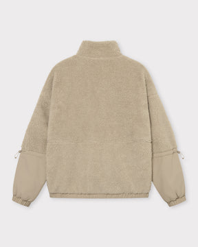 Beige Teddy Fleecejacke 'Carson' mit hohem Kragen und Ärmeln aus glattem Stoff mit Kordelzug