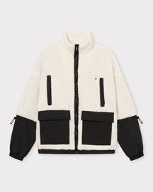 Teddy Fleecejacke 'Carson' in Creme mit schwarzen Taschen und Ärmeln, Reißverschluss vorne
