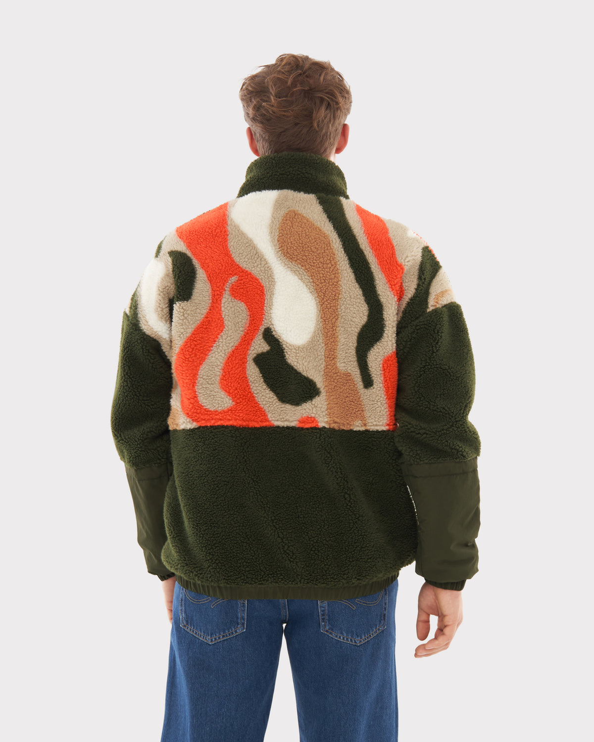 Teddy Fleecejacke Carson für Herren in Olivgrün mit gemustertem Rücken in Orange und Beige