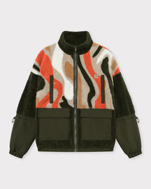 Teddy Fleecejacke 'Carson' mit abstraktem Muster in Olivgrün, Orange, Beige, Weiß und Braun, Reißverschluss und Taschen mit Klappen