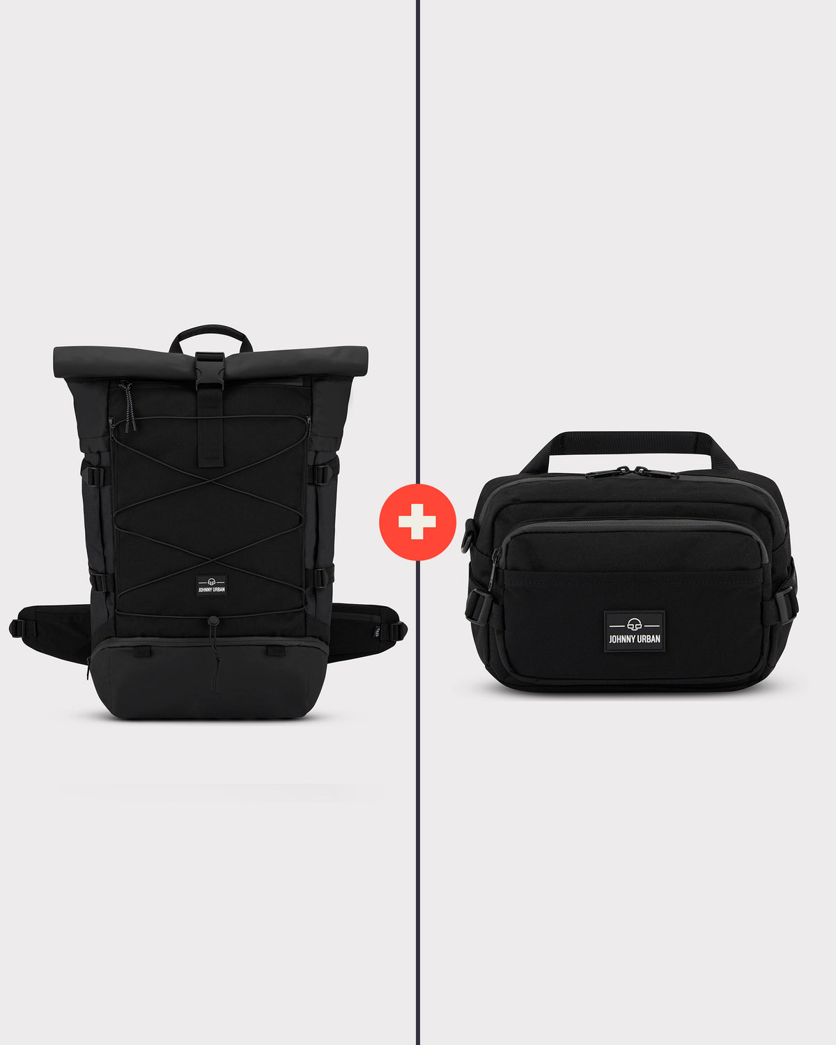 Schwarzes Johnny Urban Travel Essential Bundle L mit großem Rucksack, kleinem Tascheinsatz und Bauchgurt