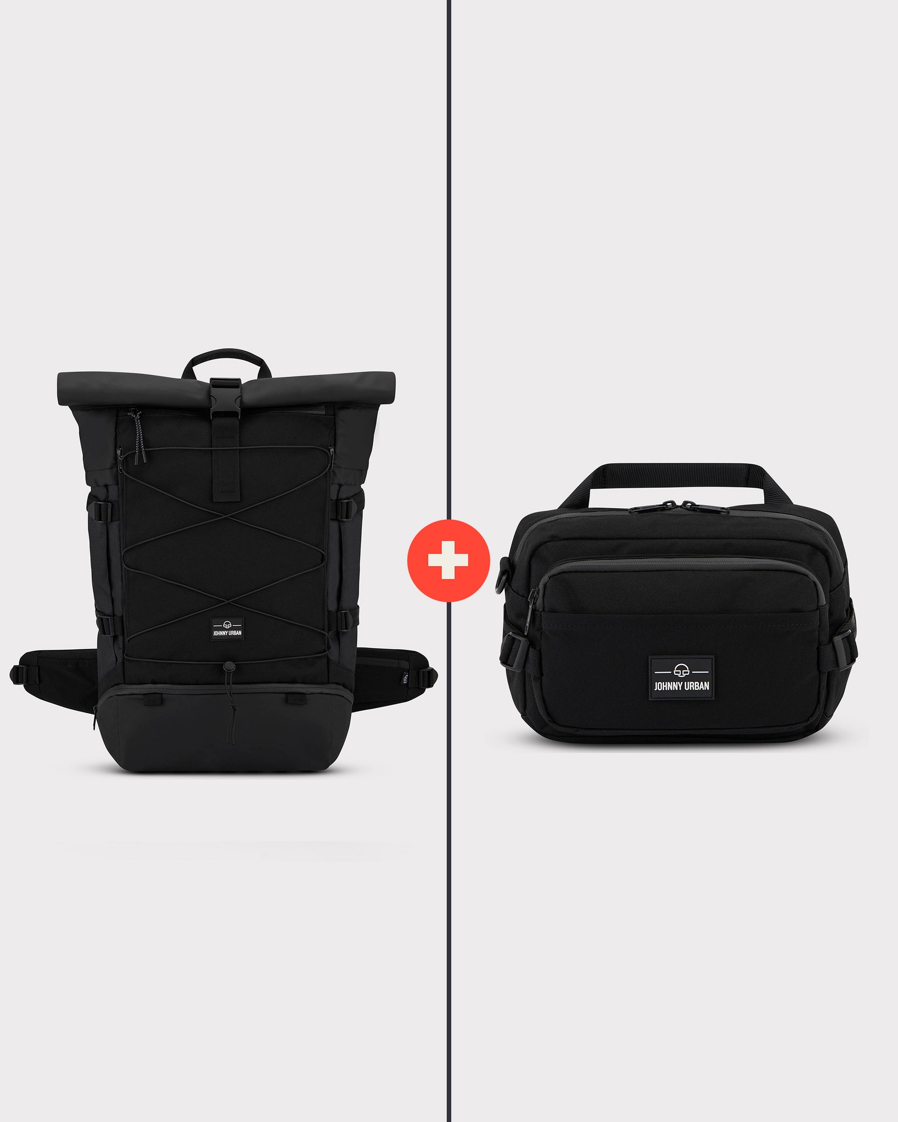 Schwarzes Johnny Urban Travel Essential Bundle L mit großem Rucksack, kleinem Tascheinsatz und Bauchgurt