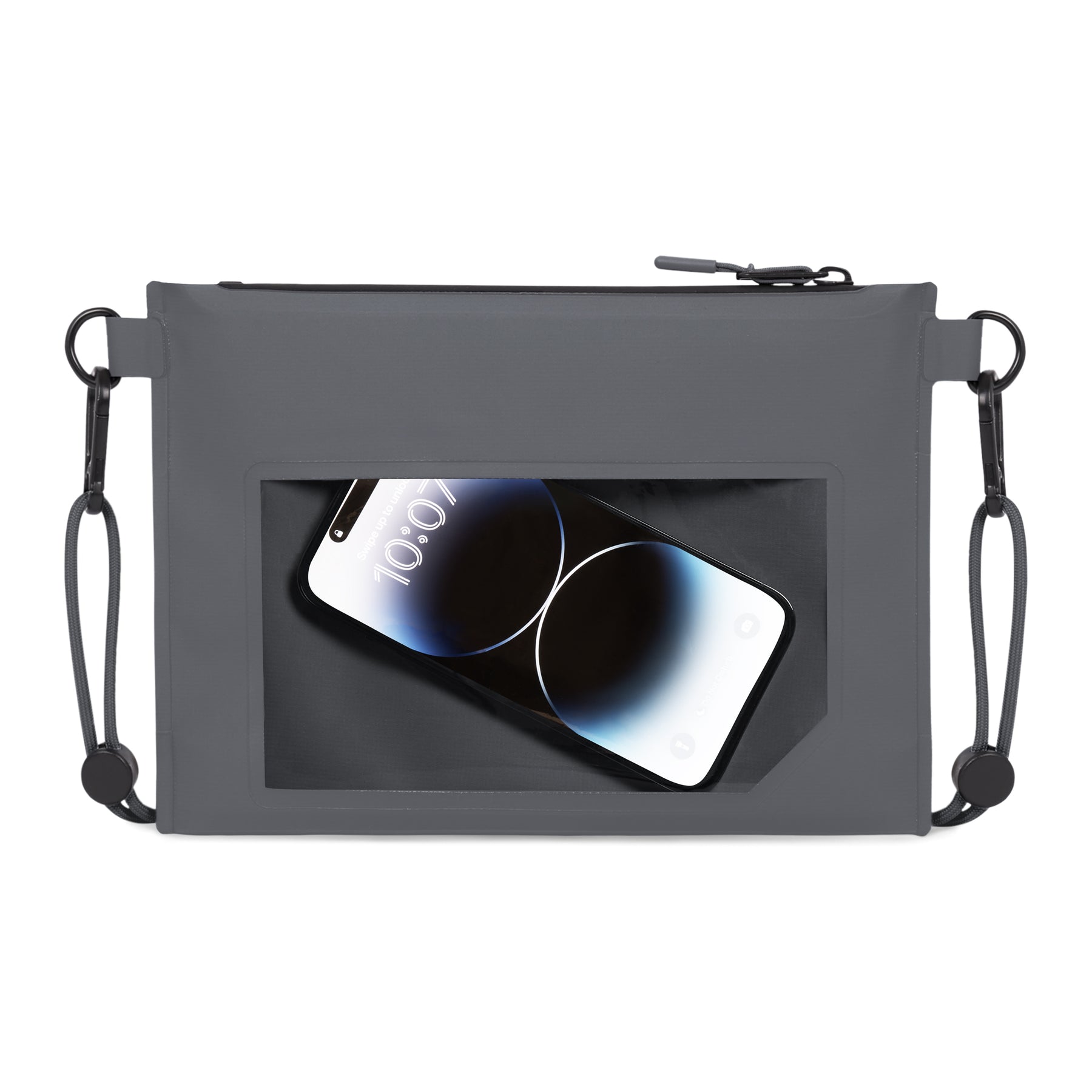 Johnny Urban Dry Bag 'Alfie' in Grau mit durchsichtigem Fach und Smartphone darin