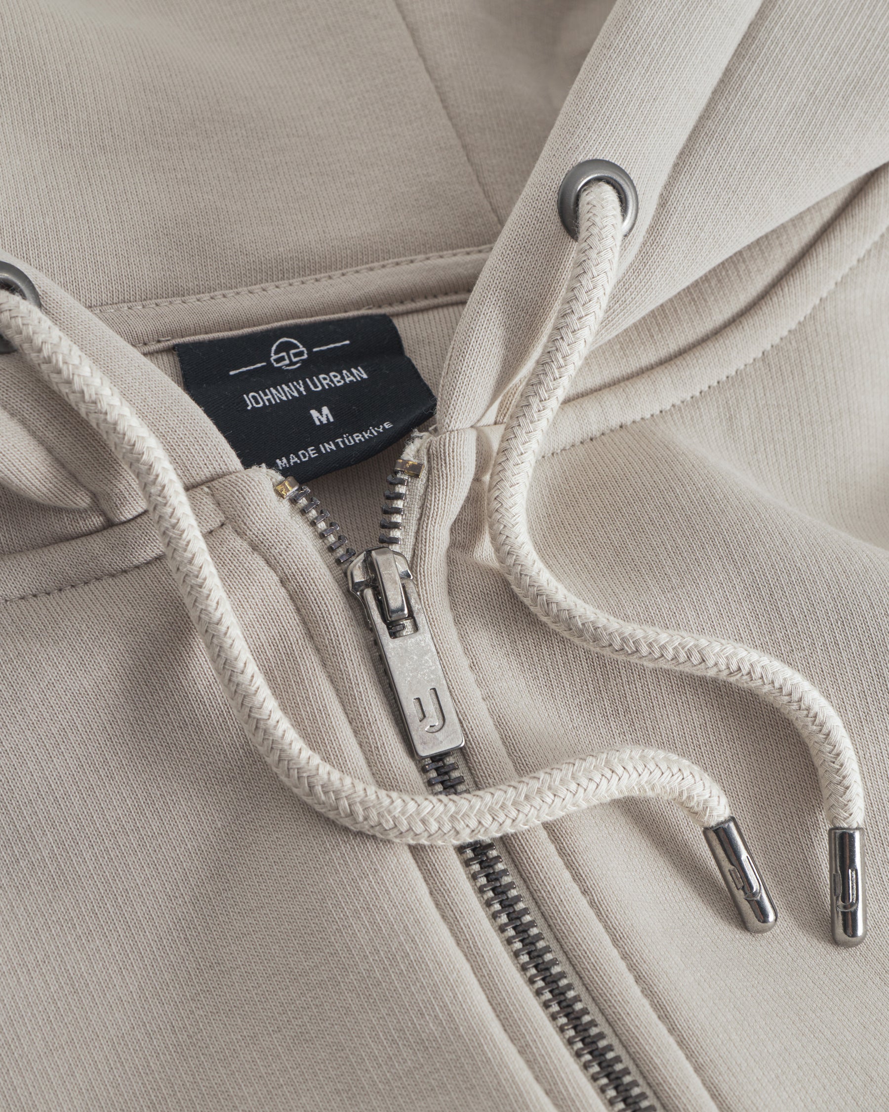 Beige Oversized Zip-Hoodie 'Caleb' von Johnny Urban mit Metallreißverschluss und Kordelzug an der Kapuze