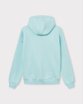 Oversized Zip-Hoodie 'Caleb' in Eisblau, unisex, Rückenansicht mit Kapuze und Bündchen an Ärmeln und Saum