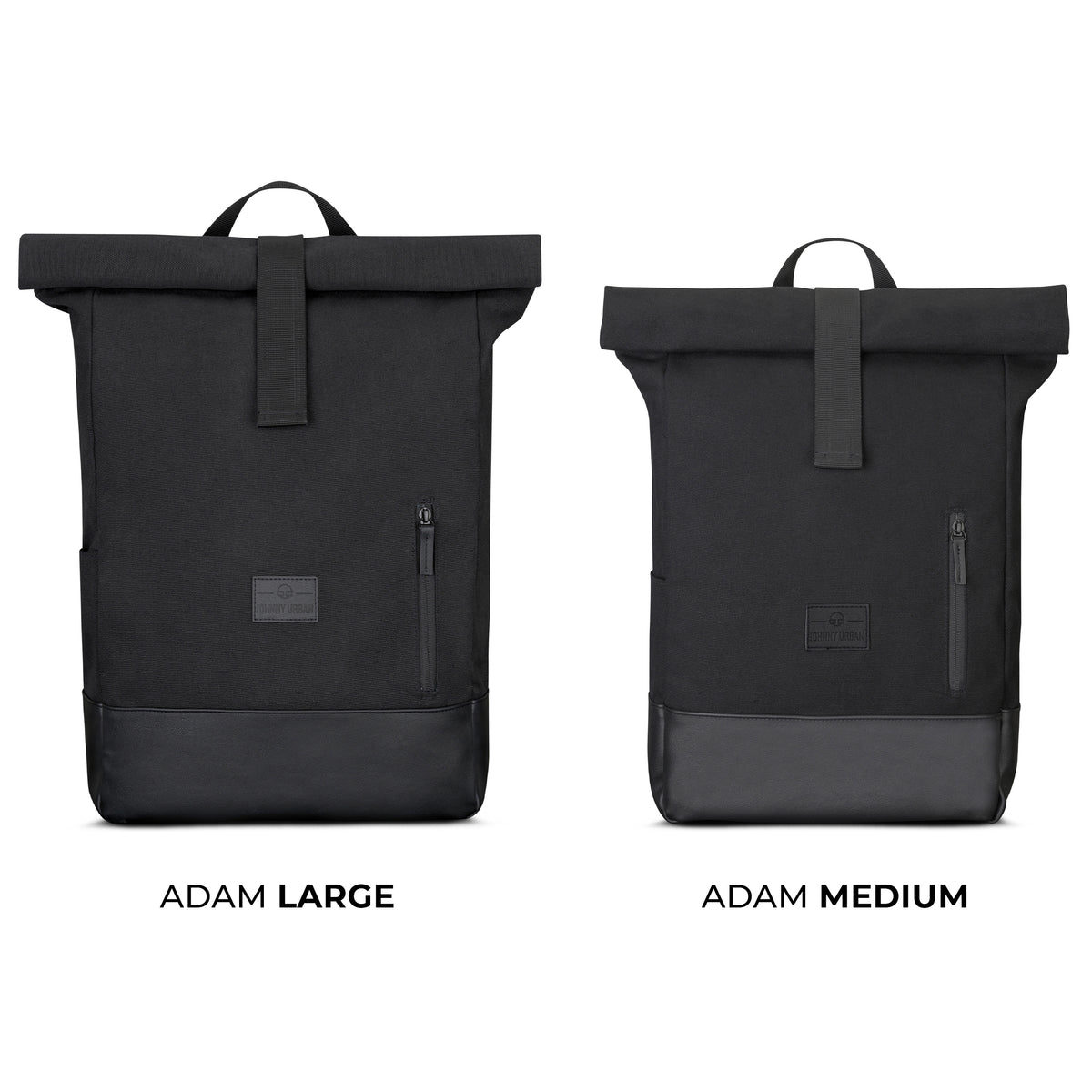 Zwei schwarze Rolltop-Rucksäcke der Marke Johnny Urban, Modell Adam, in Größen Large und Medium mit Fronttasche und Lederboden