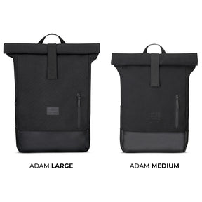 Zwei schwarze Rolltop-Rucksäcke der Marke Johnny Urban, Modell Adam, in Größen Large und Medium mit Fronttasche und Lederboden