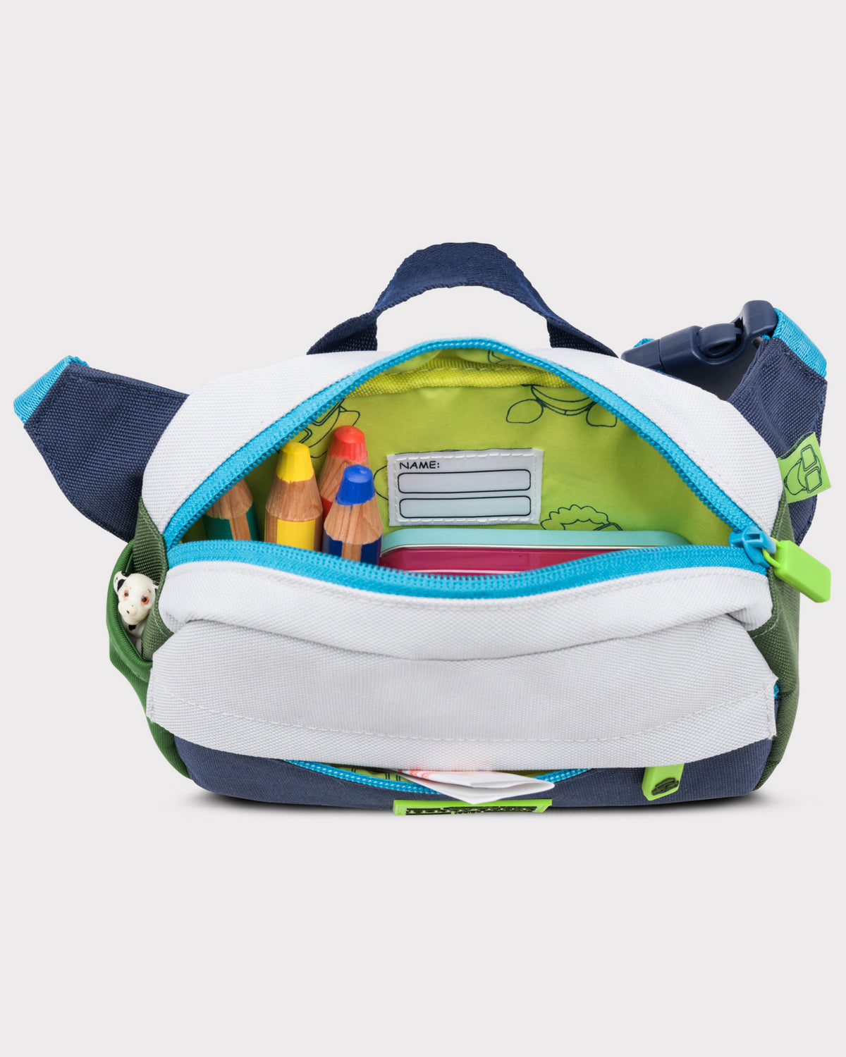 Kinder Bauchtasche 'Felix' blau mit bunten Stiften und Namensfeld innen