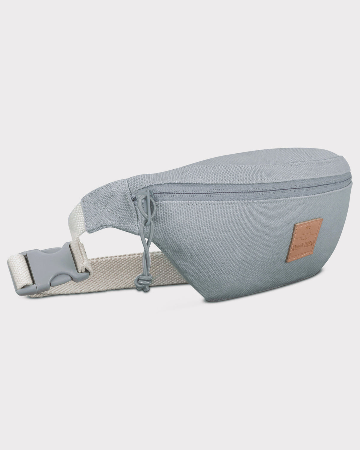 Graue Bauchtasche 'Toni' aus Textil mit Reißverschluss und verstellbarem hellbeigem Gurt