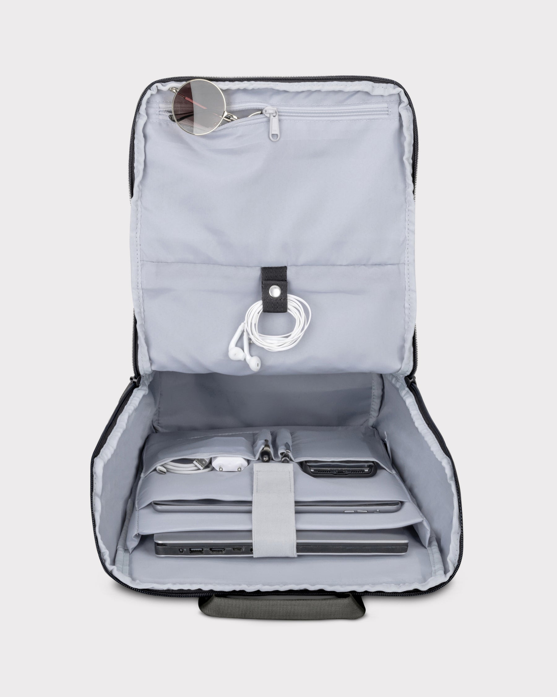 Offener grauer Business-Rucksack 'Jasper' mit gepolsterten Fächern für Laptop, Tablet, Smartphone und Zubehör
