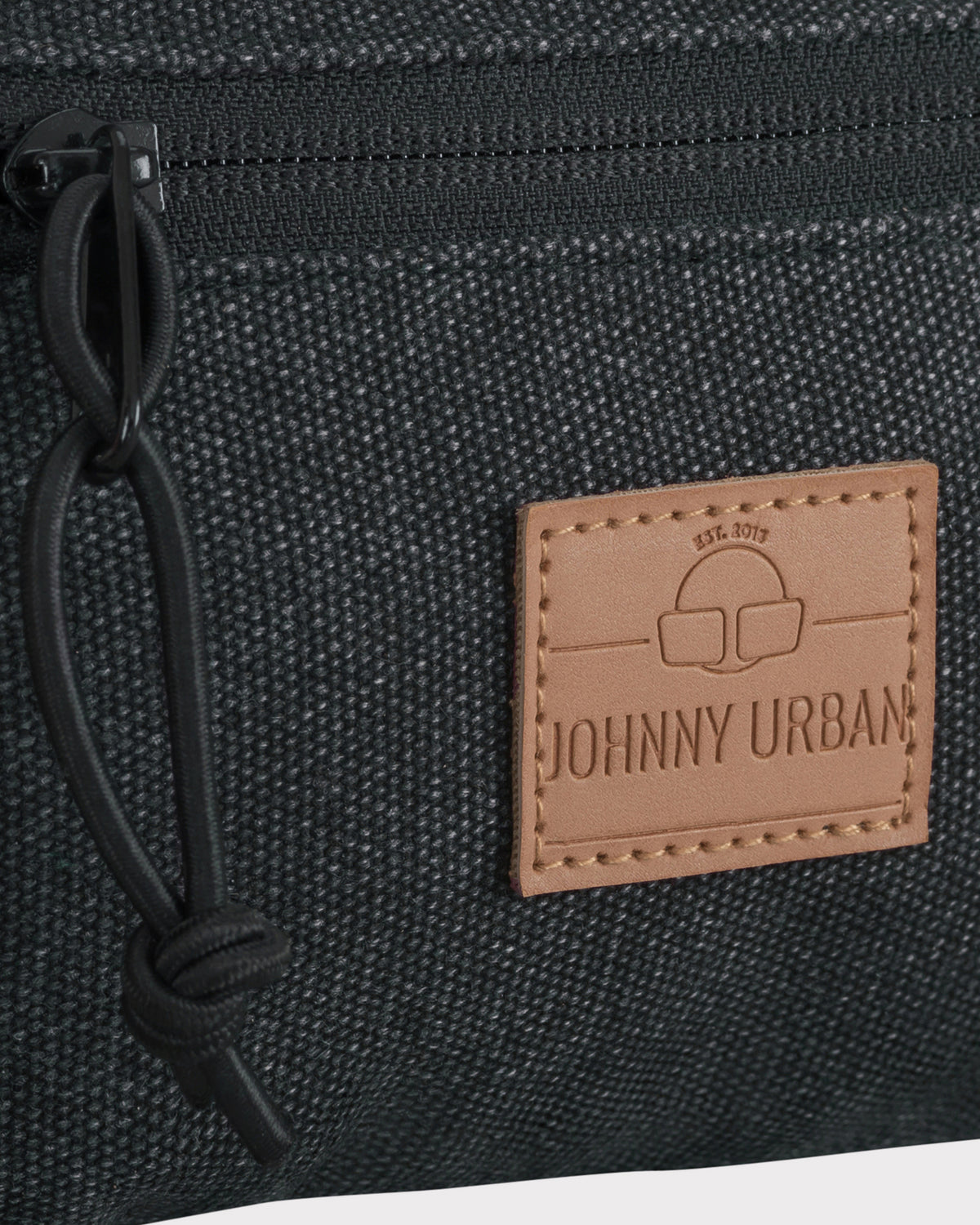 Anthrazitfarbene vegane Canvas-Bauchtasche 'Toni' mit Lederetikett und Reißverschluss mit Kordel