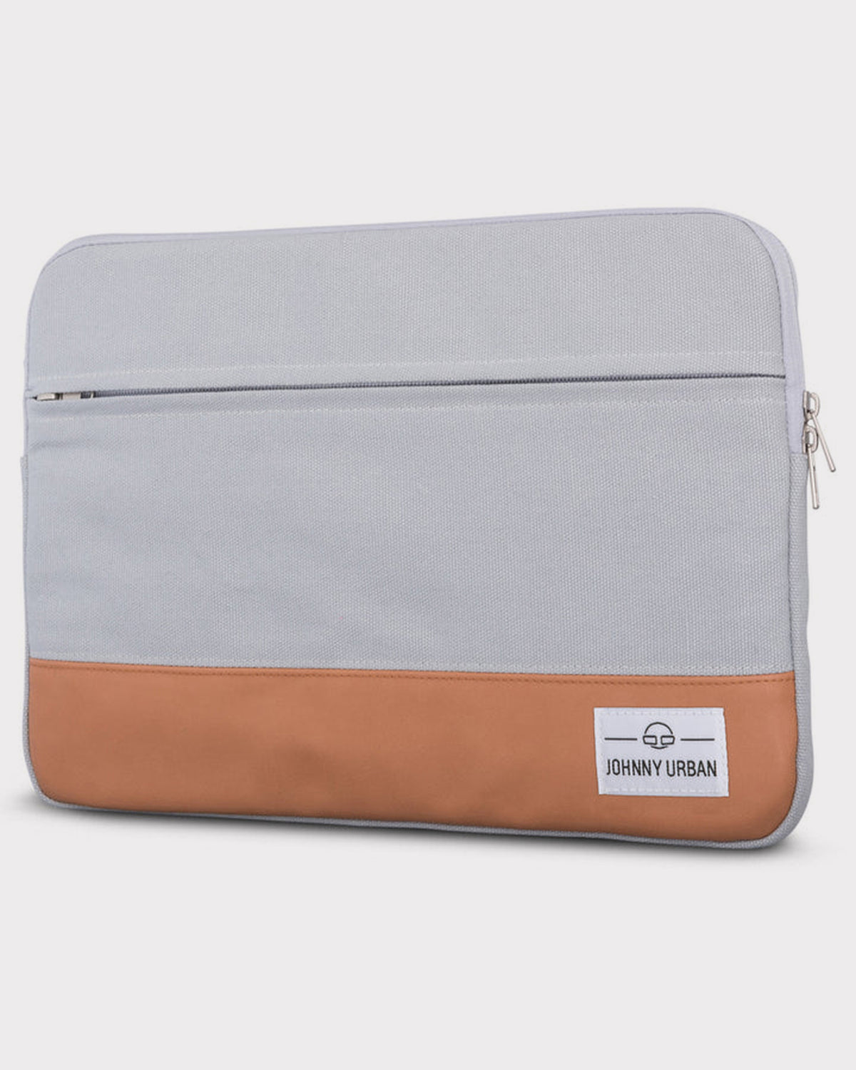 Graue Canvas-Laptophülle 12-15 Zoll mit braunem Kunstlederboden und 'Johnny Urban' Logo
