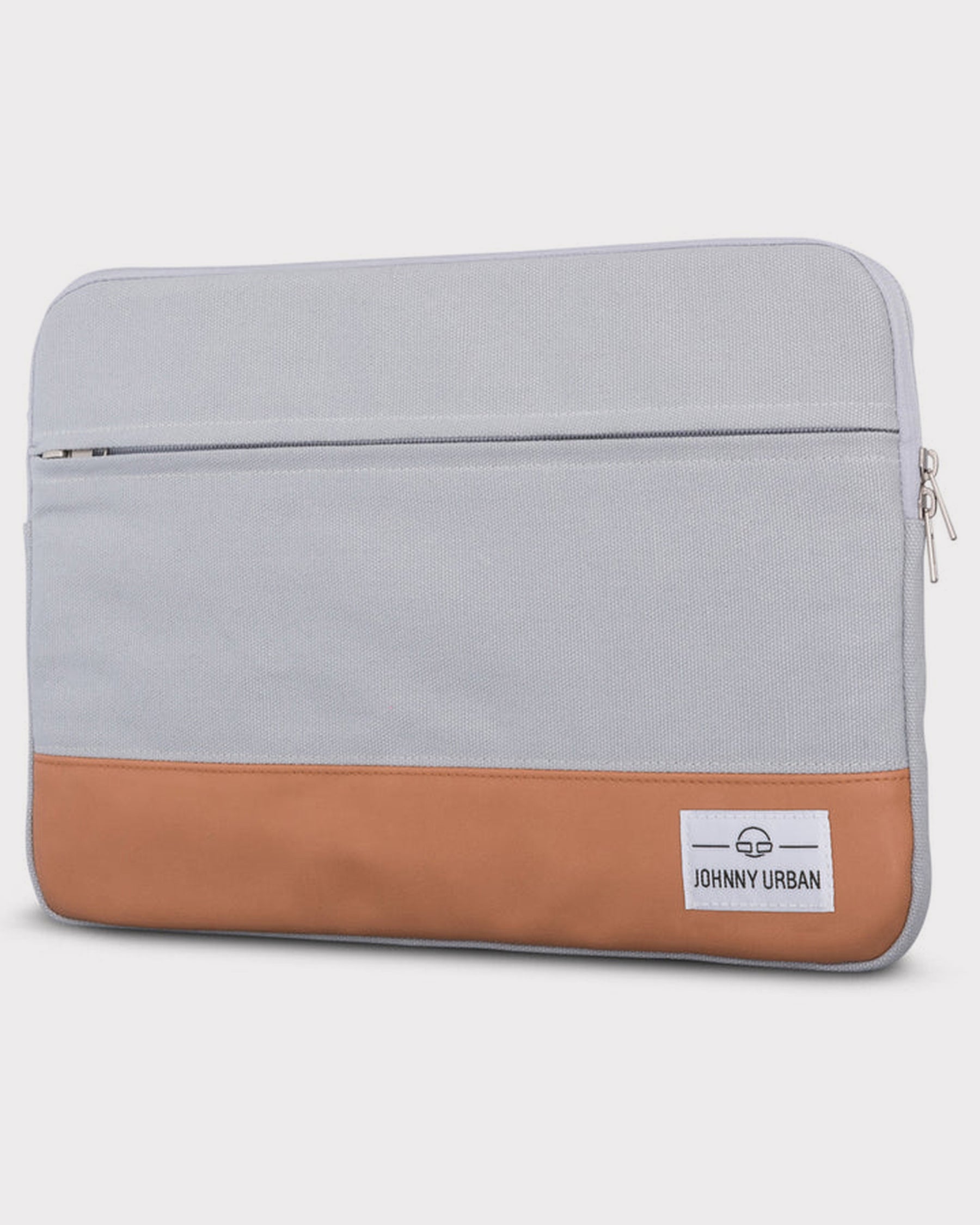 Graue Canvas-Laptophülle 12-15 Zoll mit braunem Kunstlederboden und 'Johnny Urban' Logo