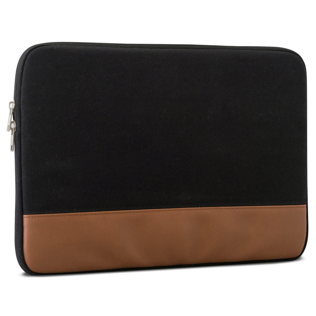Schwarze Canvas-Laptophülle mit braunem Kunstlederabschluss für 12-15 Zoll Laptops