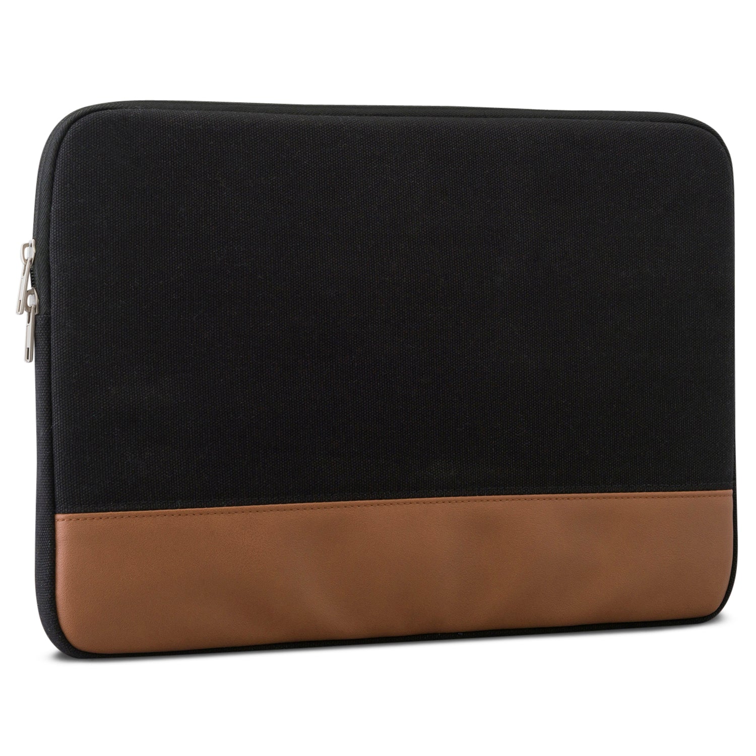 Schwarze Canvas-Laptophülle mit braunem Kunstlederabschluss für 12-15 Zoll Laptops